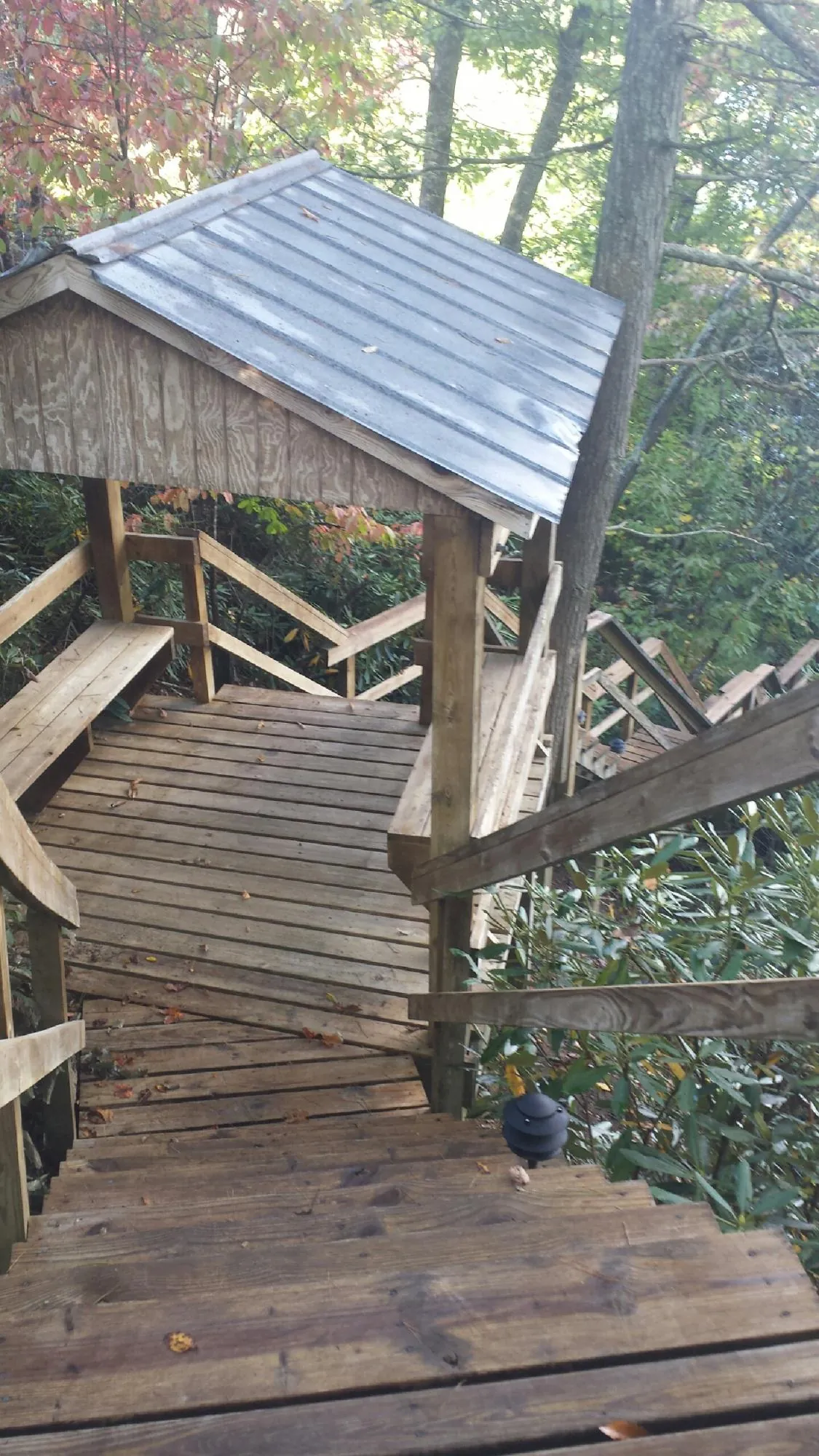 Metal roofed shelter over wooden steps on a wooded walkway — Skylight Repair & Installation work by our crew in Chadwicks